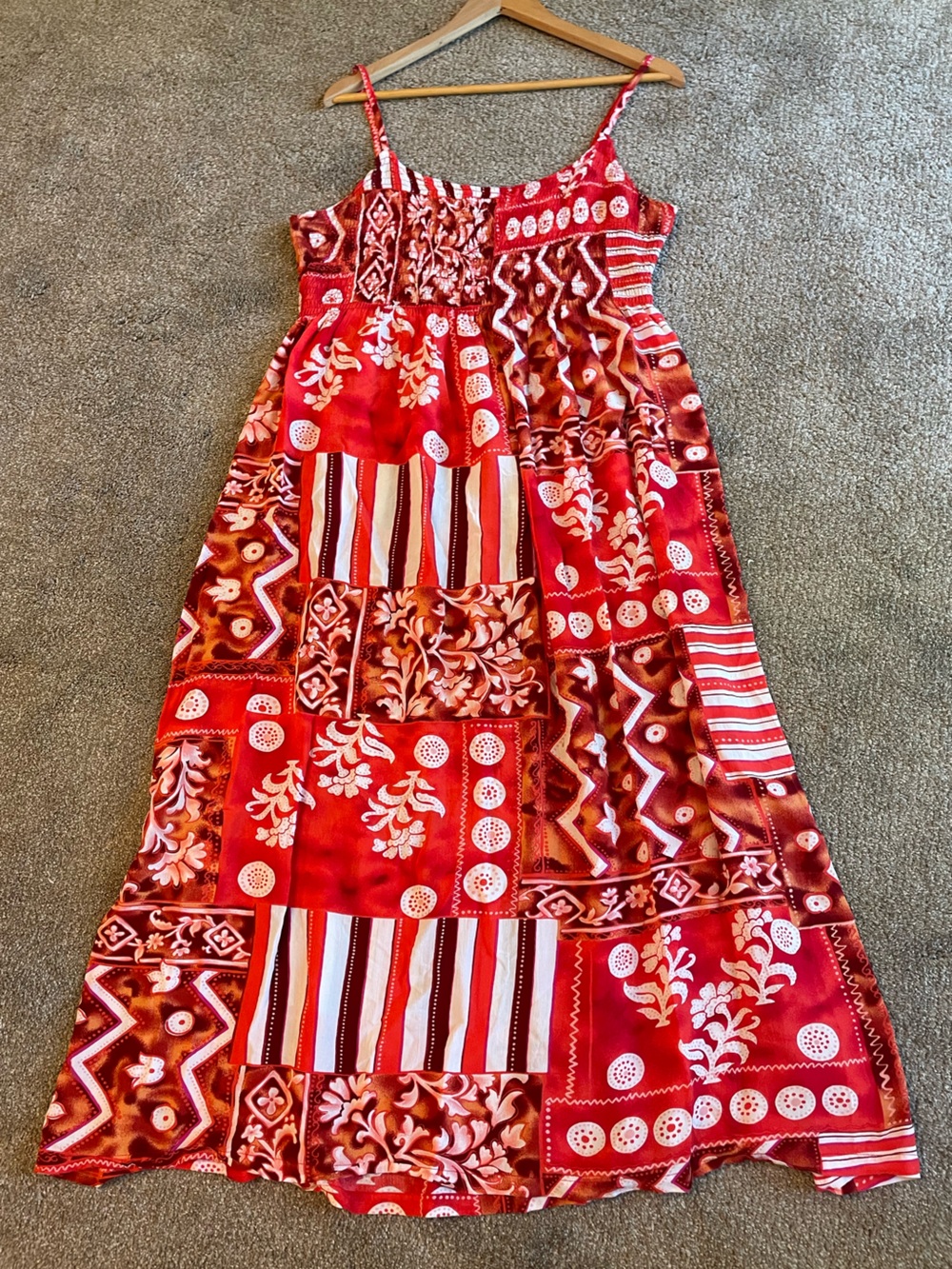 Red Patchwork Print Maxi Dress Size M boho sundress festival Farm Rio Vibes